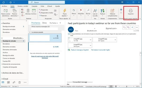 Cinta de opciones de Outlook con el comando “Imprimir”
