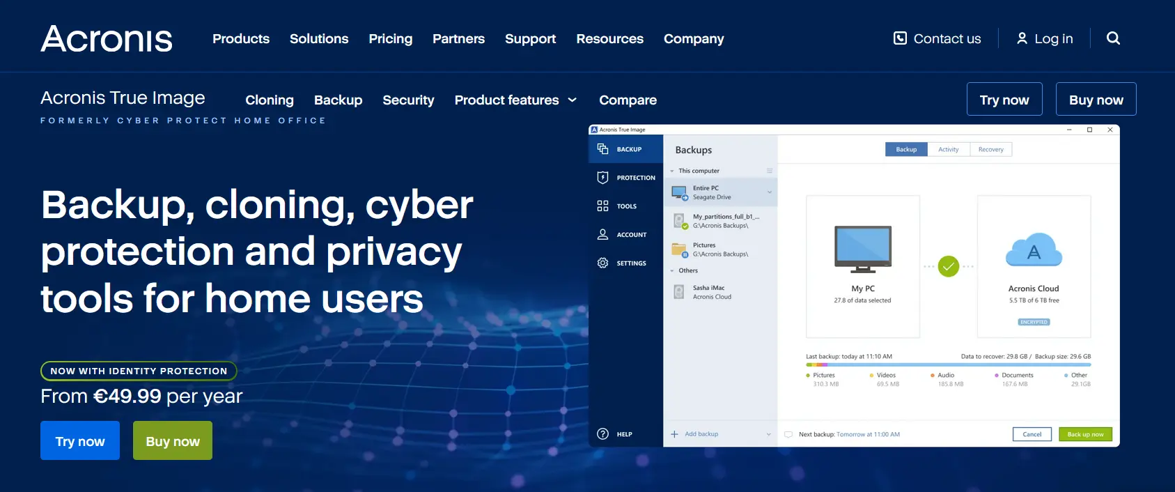 Imagen: Captura de pantalla de la página principal de Acronis en la que se presenta el software