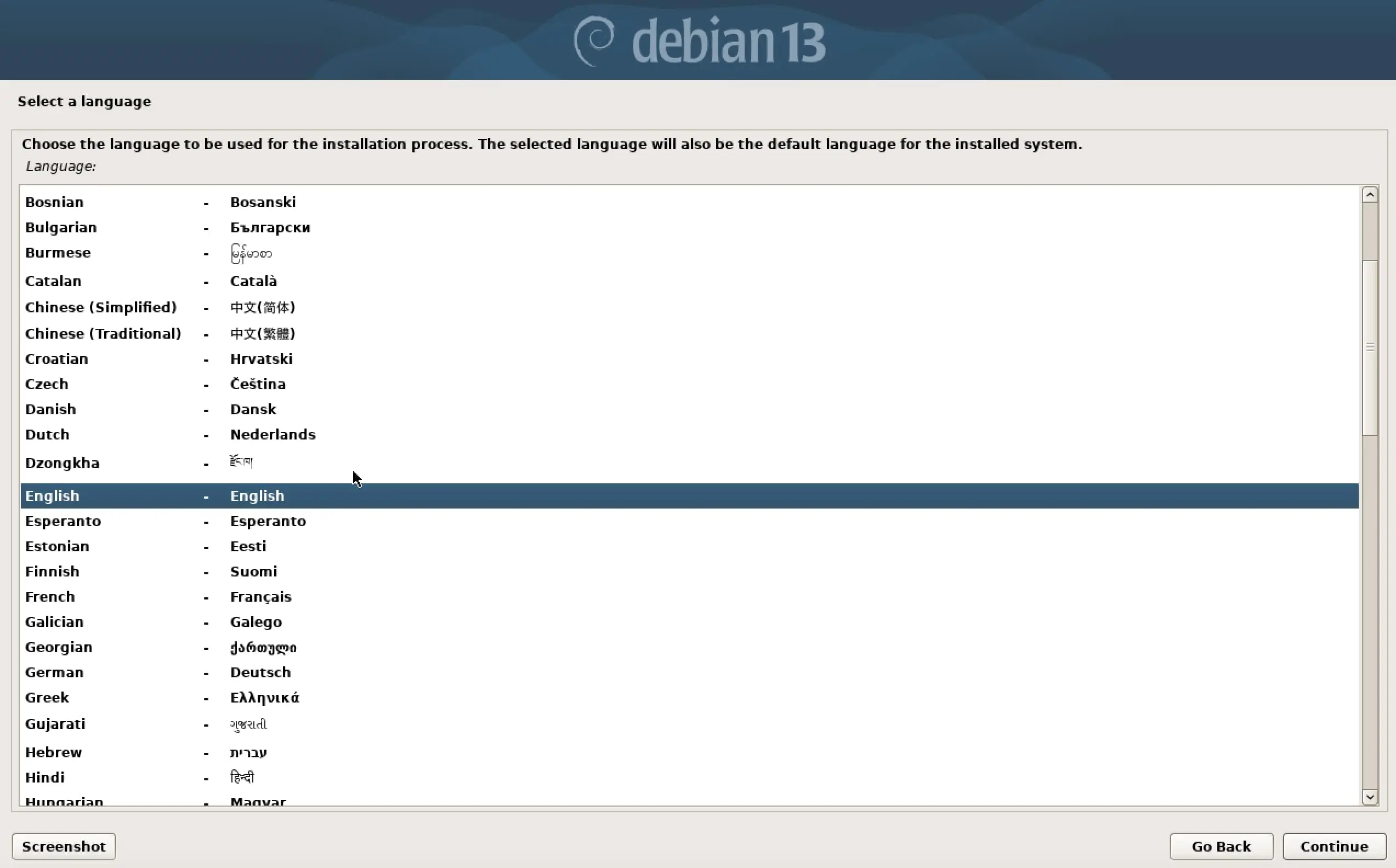 Imagen: Captura de pantalla de la instalaci&oacute;n de Debian 13: selecci&oacute;n de idioma