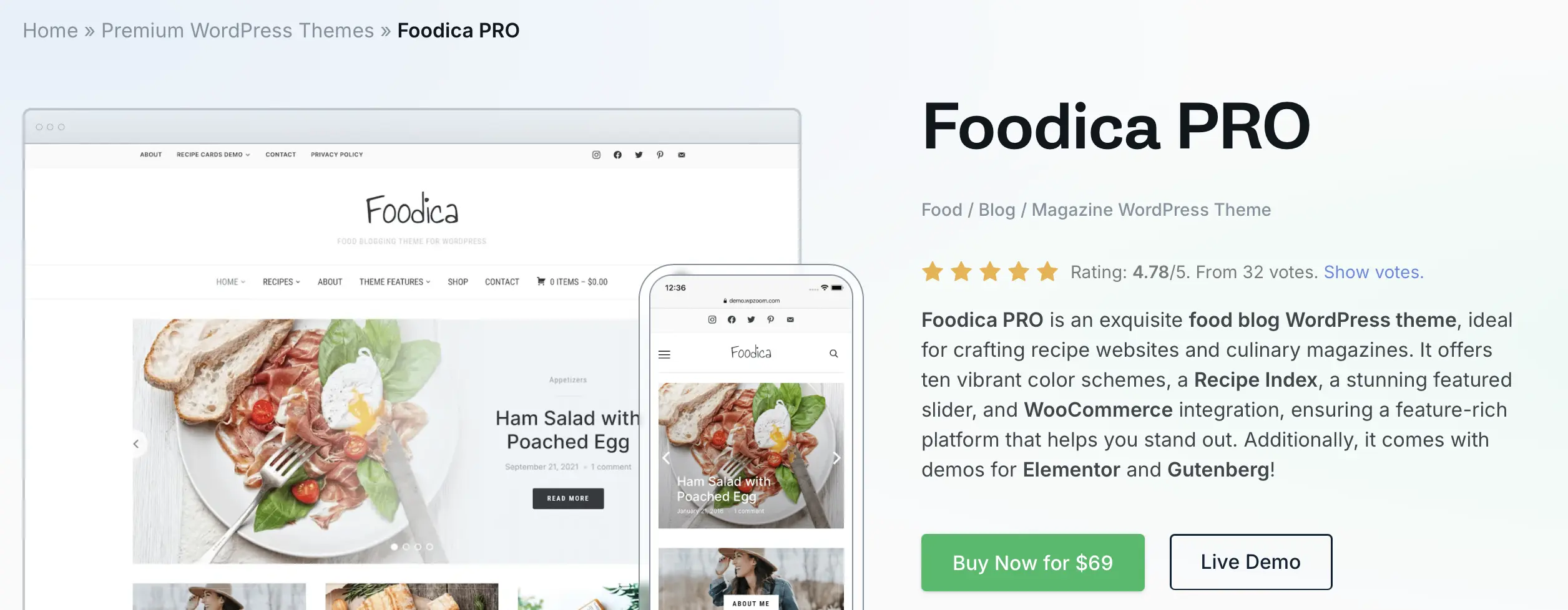 Imagen: Plantilla Foodica de WordPress hecha por WPZOOM