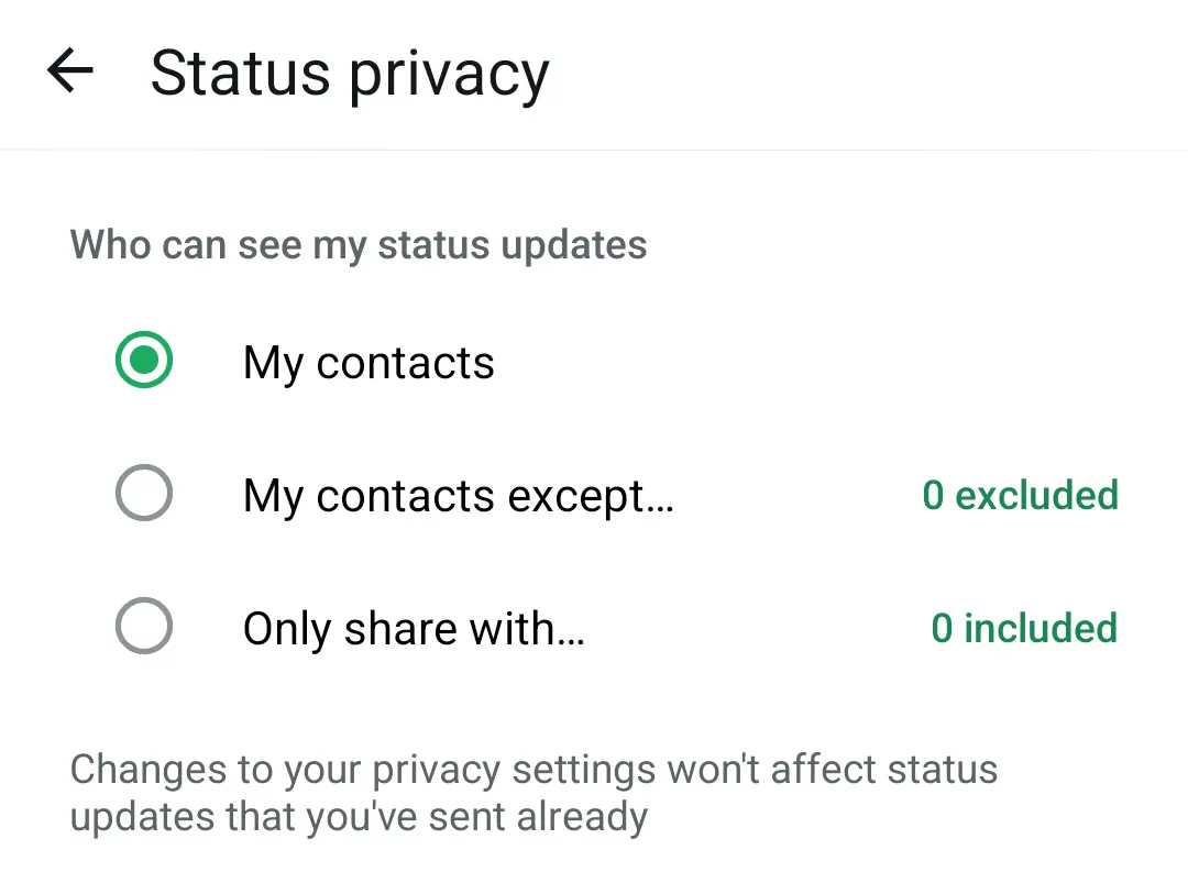 Captura de pantalla en Android del área de privacidad en WhatsApp Imagen: Captura de pantalla en Android del área de privacidad en WhatsApp
