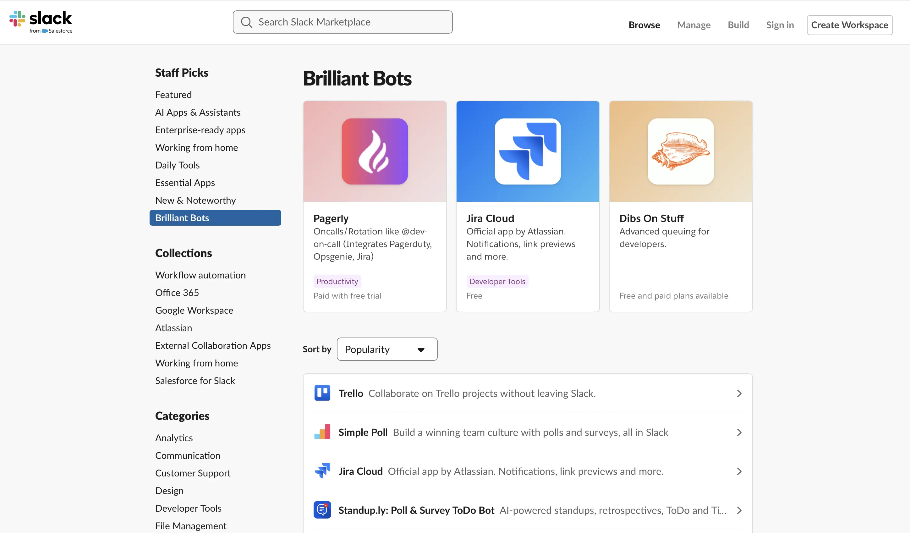 Imagen: Captura de pantalla de varios app-bots para Slack