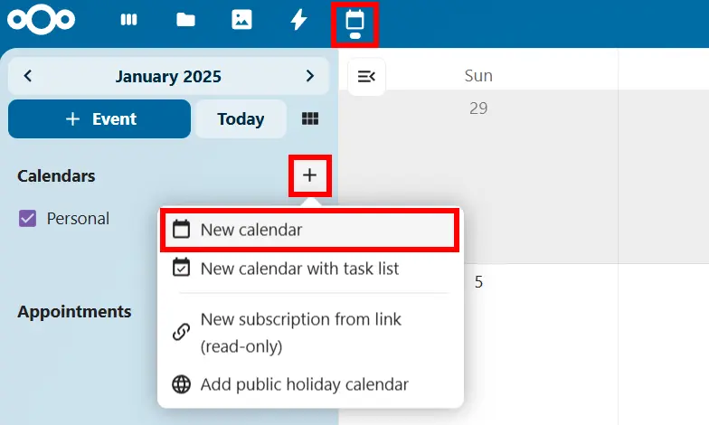 Crear un calendario nuevo en Nextcloud Imagen: Crear un calendario nuevo en Nextcloud