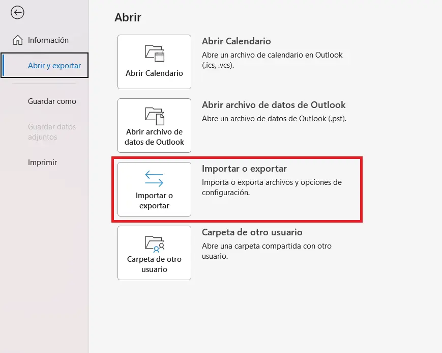 Submenú “Abrir y exportar” en Outlook 365 Imagen: Submenú “Abrir y exportar” en Outlook 365