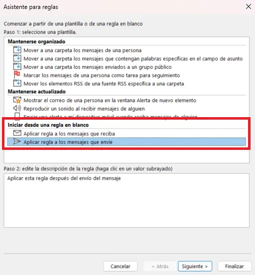 Asistente para reglas de Outlook: selección una regla Imagen: Asistente para reglas de Outlook: selección una regla