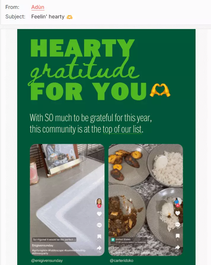 Ejemplo de una newsletter con el comentario de un cliente llamado Adùn Imagen: Ejemplo de una newsletter con el comentario de un cliente llamado Adùn