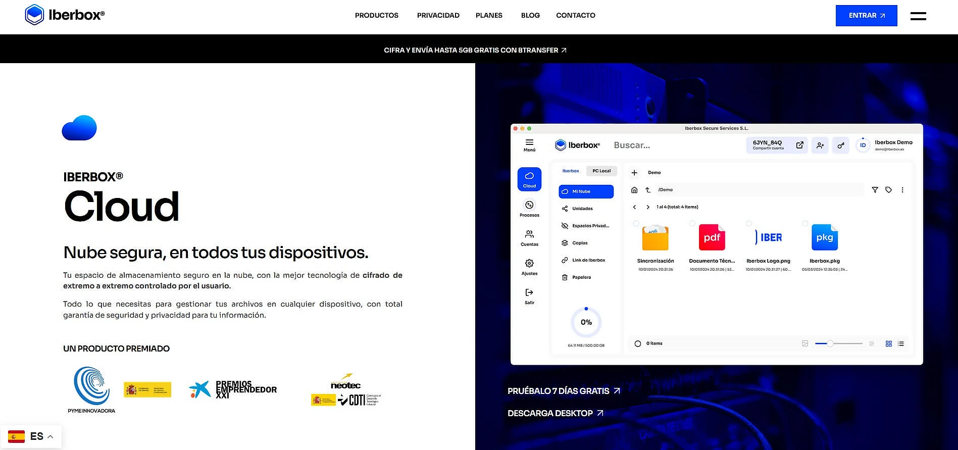 Imagen: Página de inicio de Iberbox Cloud