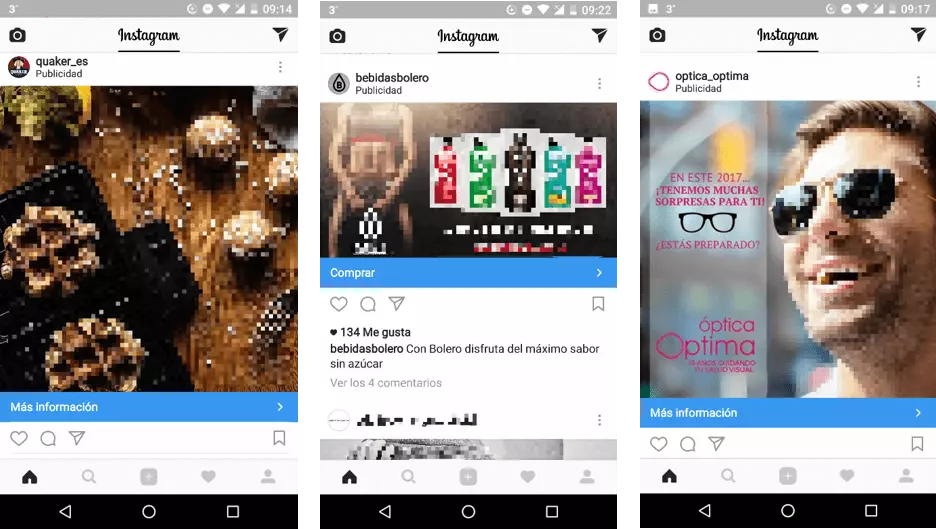 Imagen: Anuncio de la empresa de avena y cereales Quaker, de bebidas Bolero y de Óptica Óptimo en Instagram