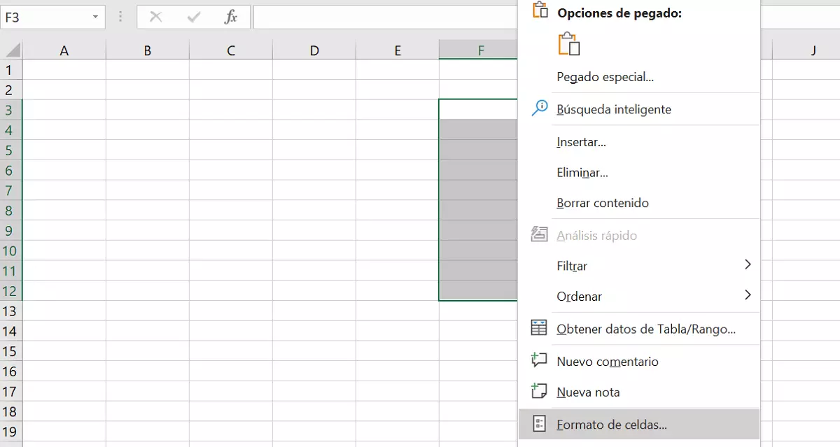 Imagen: Imagen con celdas marcadas y el menú Formato de celdas
