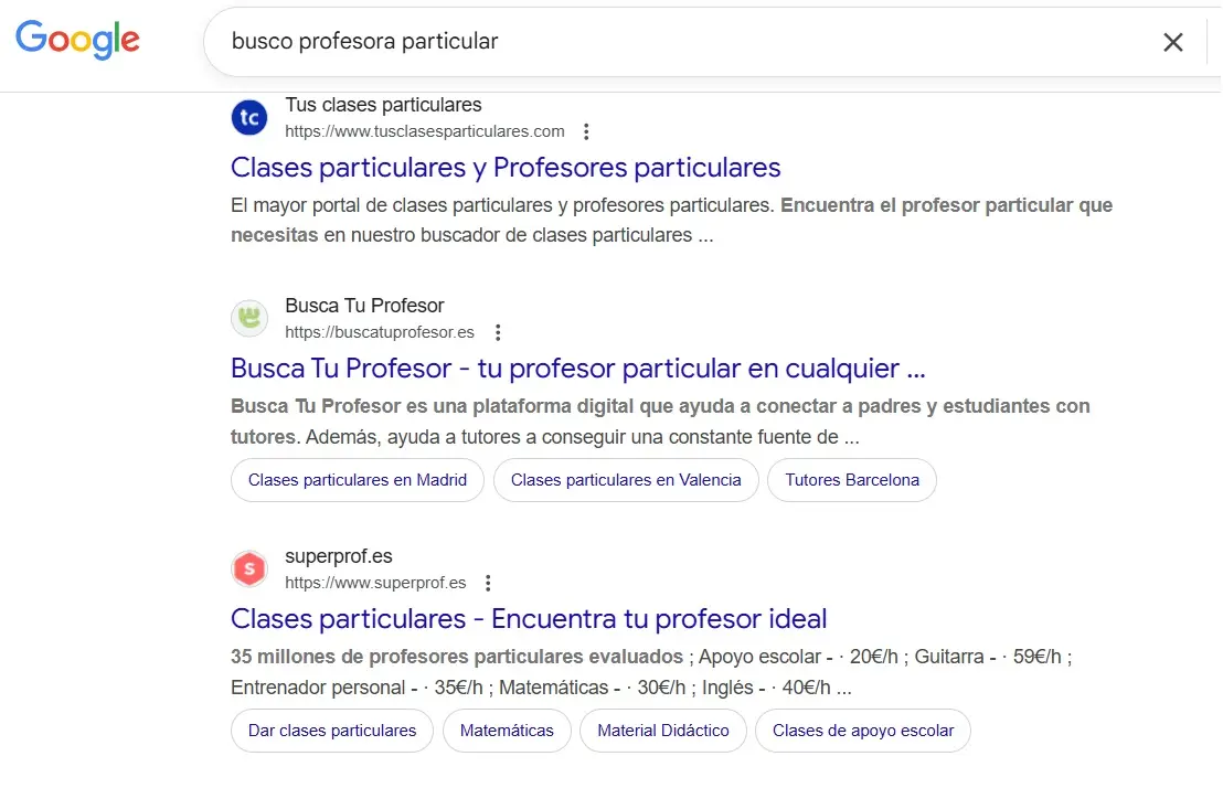 Imagen: B&uacute;squeda de Google: &ldquo;busco profesora particular&rdquo;