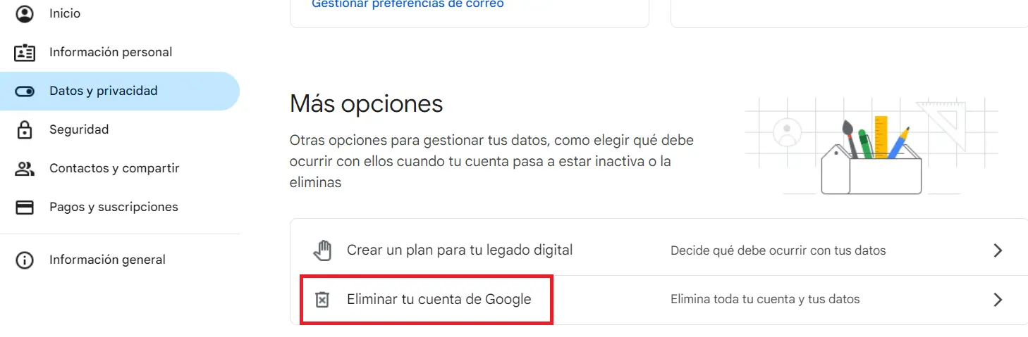 Imagen: Eliminar tu cuenta de Google en el menú de Google