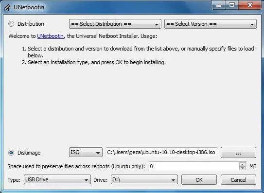 Imagen: Interfaz de usuario de UNetbootin