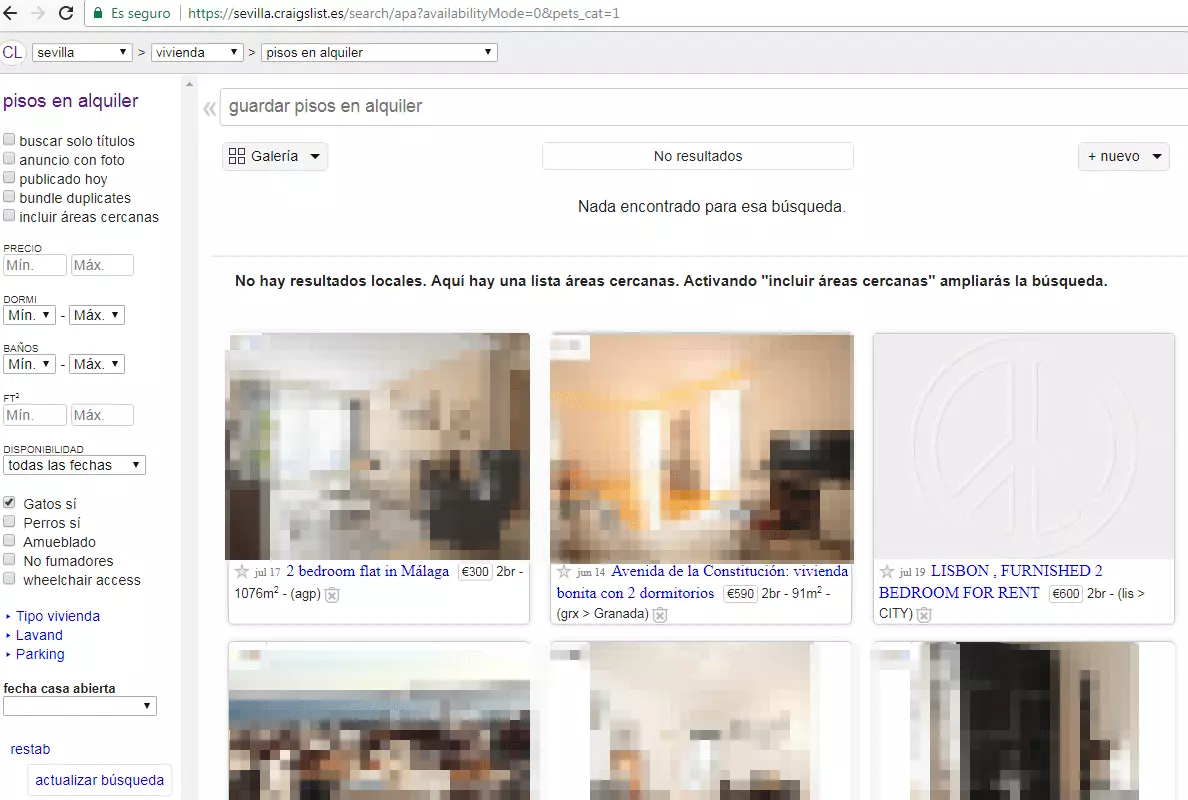 Imagen: Captura de pantalla de la página craiglist.es en la categoría pisos en alquiler