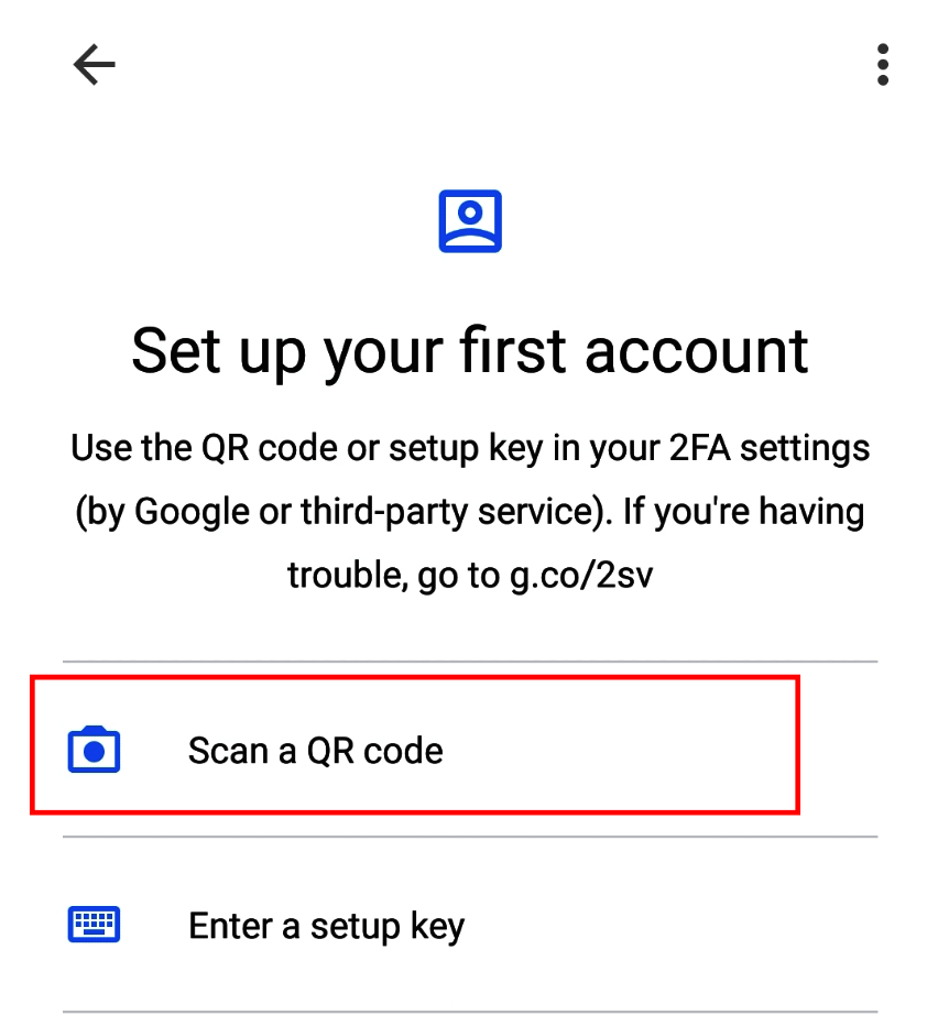 Opción para escanear el código QR en la aplicación Google Authenticator