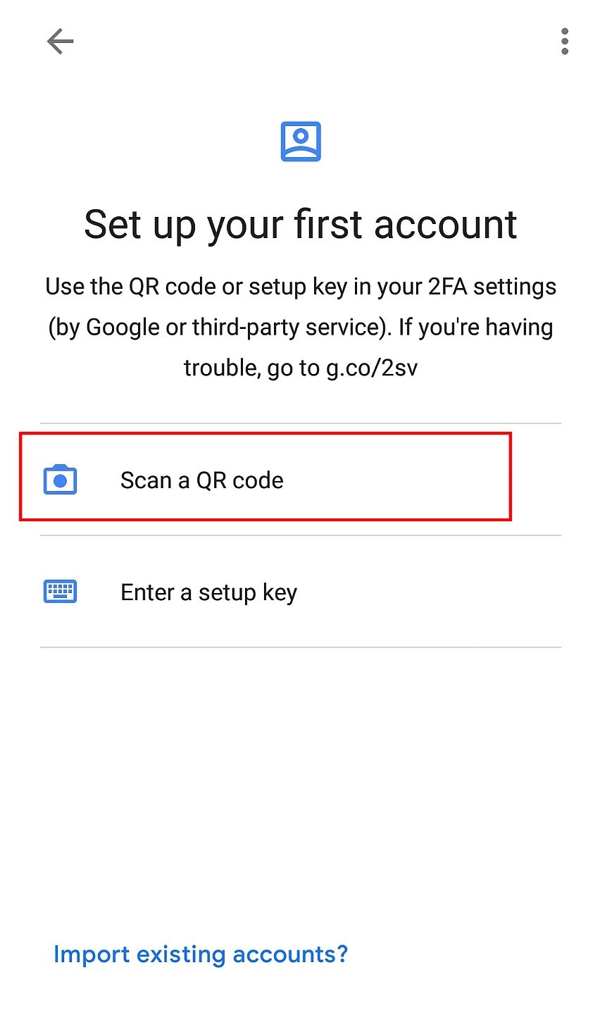Imagen: Opción para escanear el código QR en la aplicación Google Authenticator