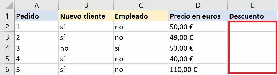 Función SI-Y: Tabla para determinar qué pedido recibe un descuento Función SI-Y: Tabla para determinar qué pedido recibe un descuento