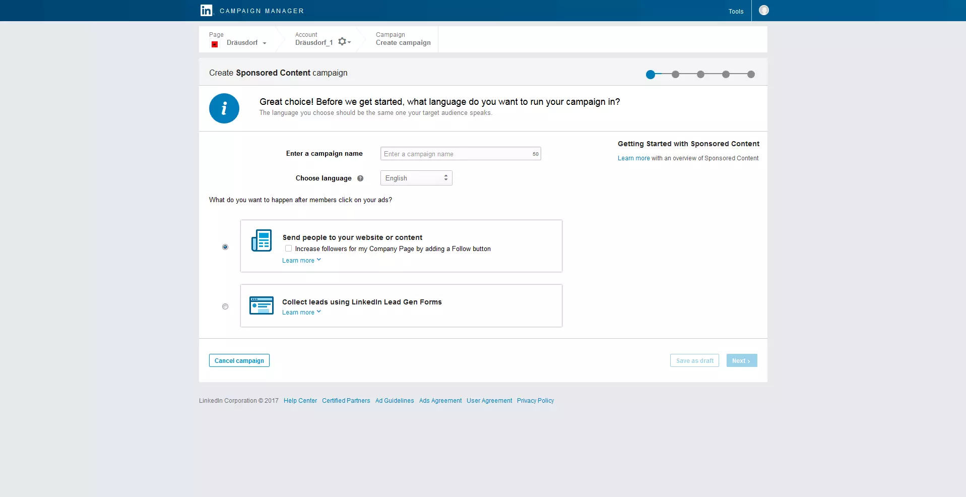 Menú para crear una campaña de contenido patrocinado en LinkedIn