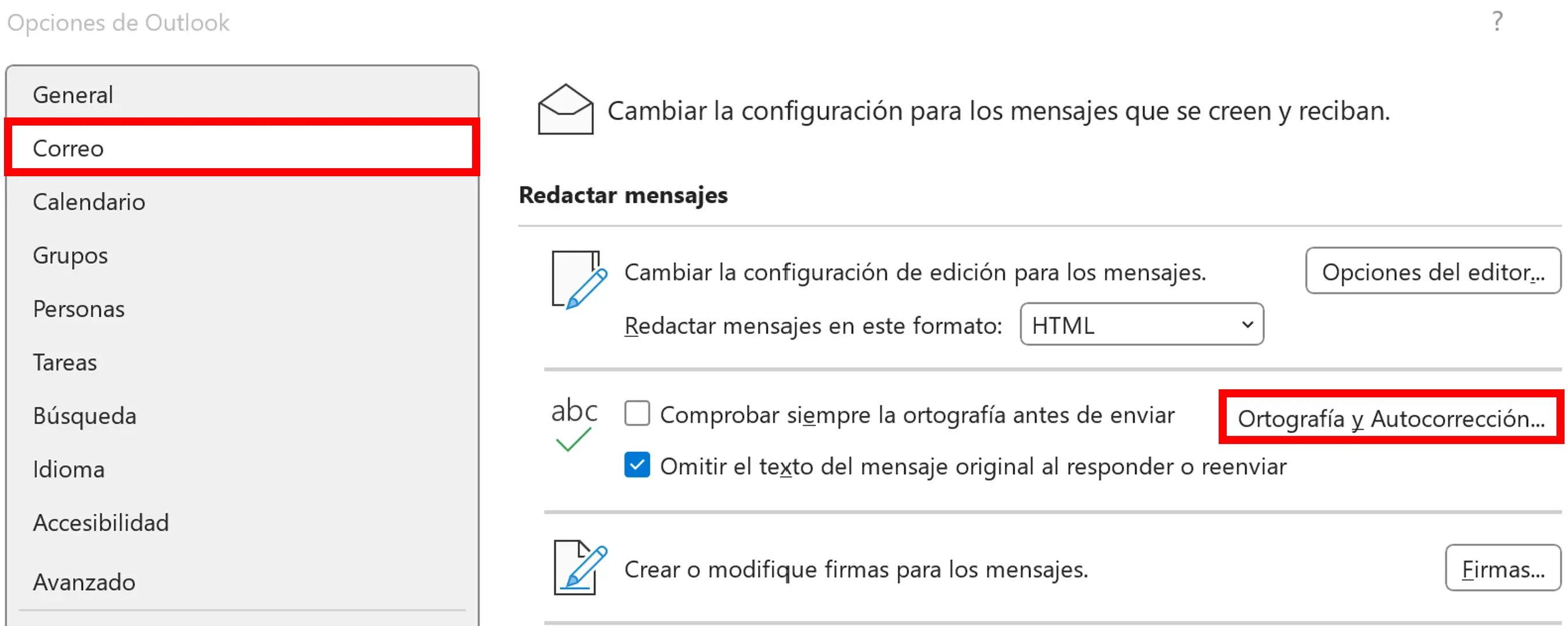 Imagen: Menú correo de Outlook