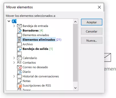 Seleccionar la carpeta a la que se mueven los elementos seleccionados