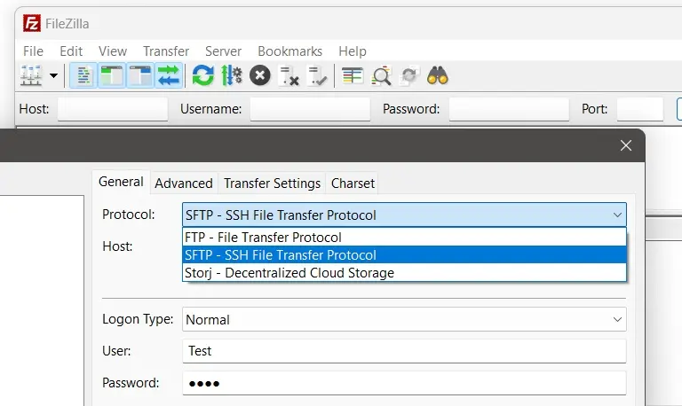 Imagen: Seleccionar SFTP en el gestor de servidores de FileZilla