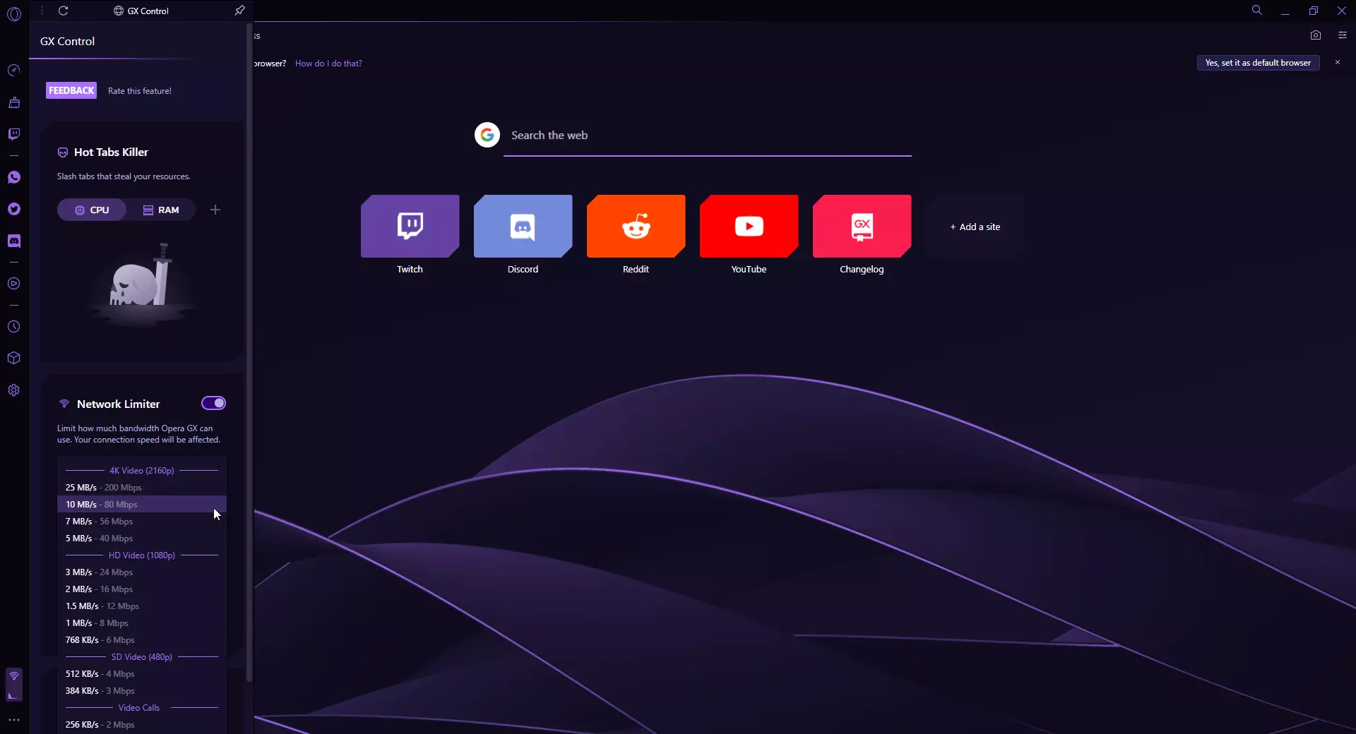 La ventana GX Control en el Opera GX gaming browser