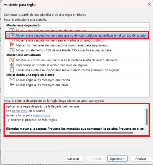 Asistente para reglas en Outlook: selección de una plantilla Imagen: Asistente para reglas en Outlook: selección de una plantilla