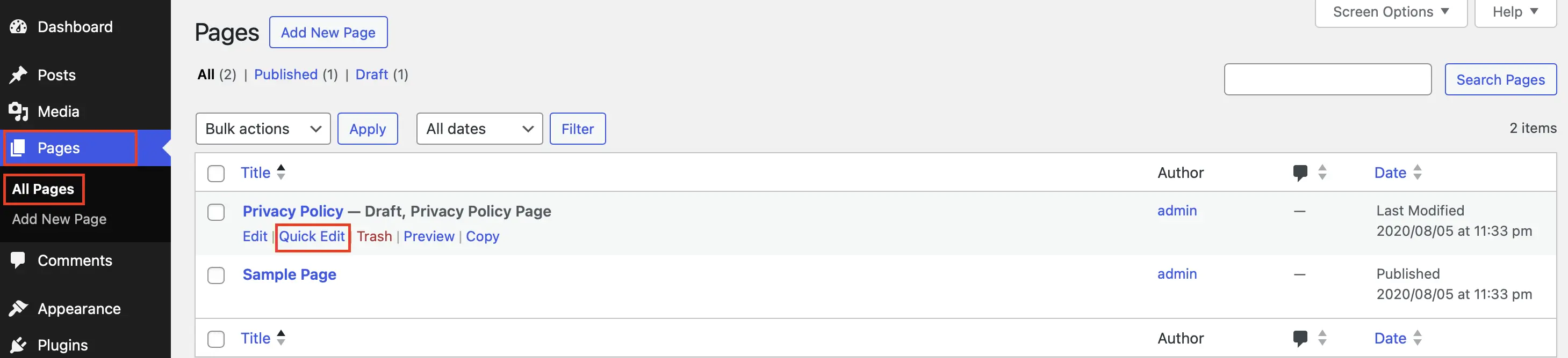 Apartado “Páginas” en el backend de WordPress: pestaña “Todas las páginas” con la función de edición rápida resaltada Imagen: Apartado “Páginas” en el backend de WordPress: pestaña “Todas las páginas” con la función de edición rápida resaltada