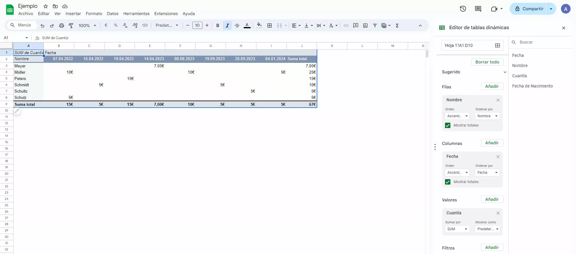 Captura de pantalla de una tabla dinámica con columnas y filas Captura de pantalla de una tabla dinámica con columnas y filas