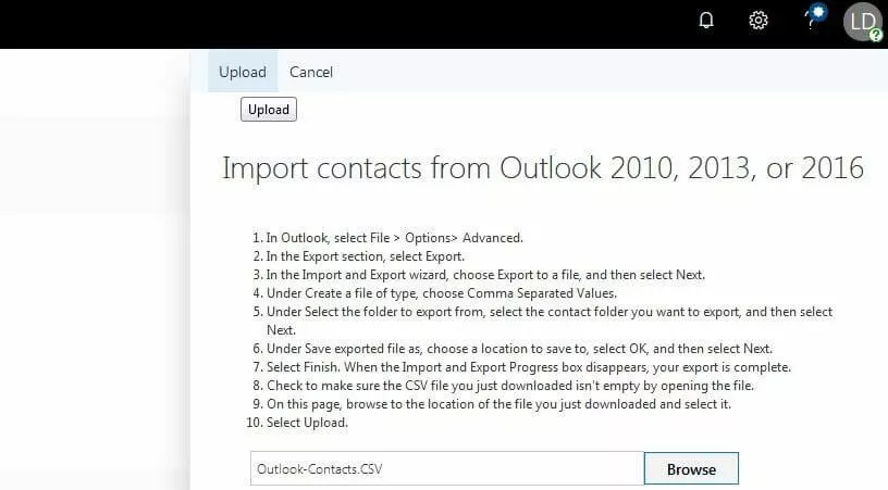 Outlook en la web: subir el archivo CSV Outlook en la web: subir el archivo CSV