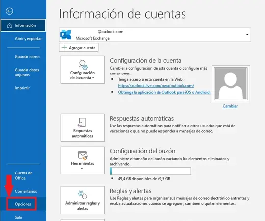 Menú de configuración de Outlook Imagen: Menú de configuración de Outlook
