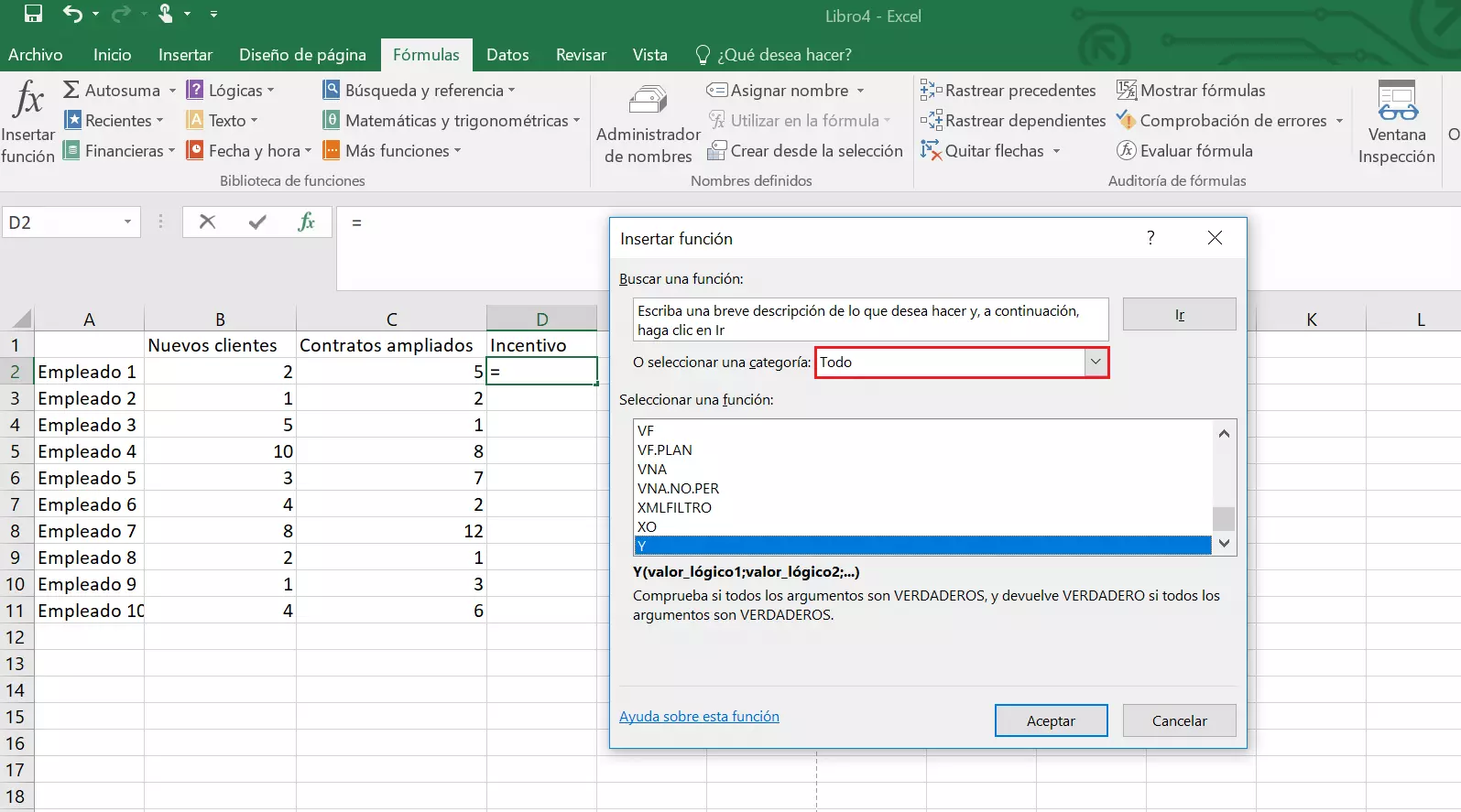 Imagen: Seleccionar la función Y en Excel.