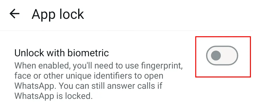 Captura de pantalla en Android de la opción de bloqueo de pantalla en WhatsApp Imagen: Captura de pantalla en Android de la opción de bloqueo de pantalla en WhatsApp