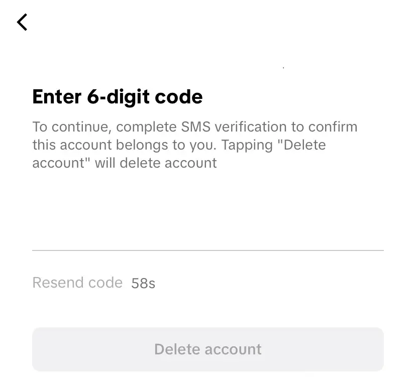 Imagen: Eliminar TikTok: campo para introducir el código de confirmación