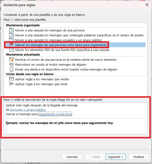 Asistente para reglas de Outlook: selección de una plantilla Imagen: Asistente para reglas de Outlook: selección de una plantilla