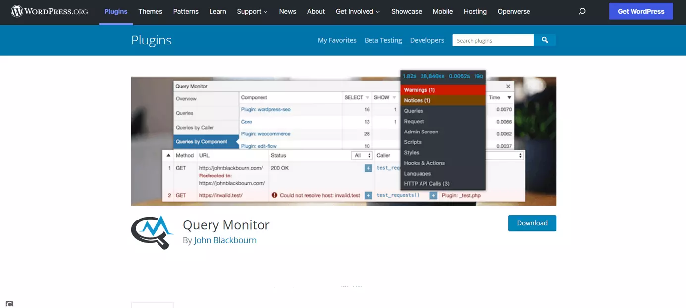 Imagen: Página de inicio del desarrollador del plugin Query Monitor