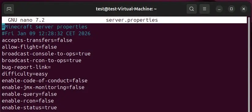Imagen: Servidor de Minecraft (Linux): configuración por defecto en server.properties