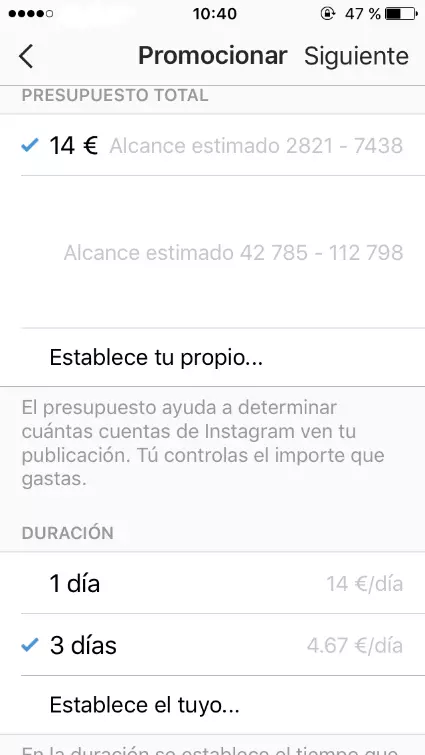 Imagen: Menú para seleccionar el presupuesto y la duración en el administrador de anuncios de Instagram