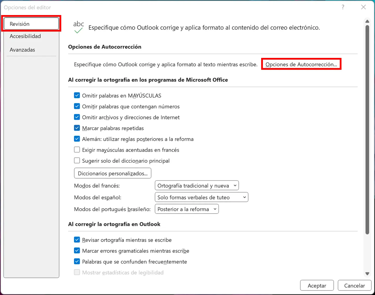 Opciones del editor de Outlook: “Revisión” Imagen: Opciones del editor de Outlook: “Revisión”