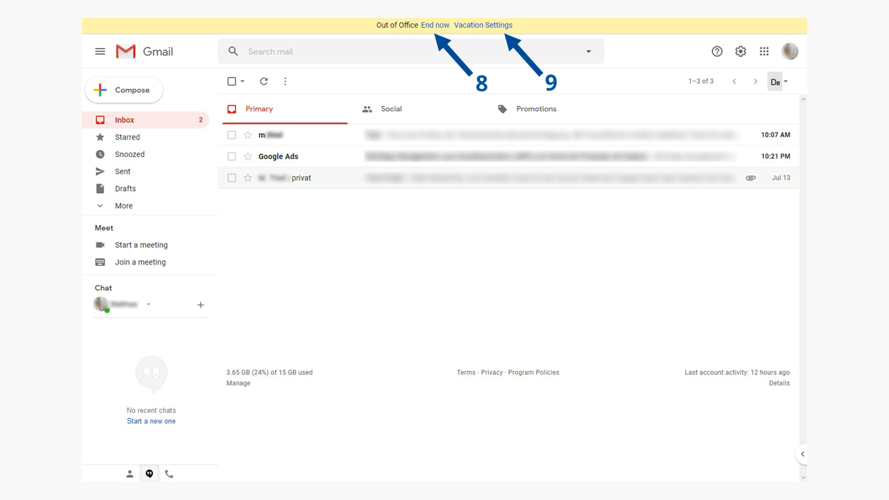 Respuesta automática de Gmail: cuando la respuesta automática está activada, se destaca en color amarillo.