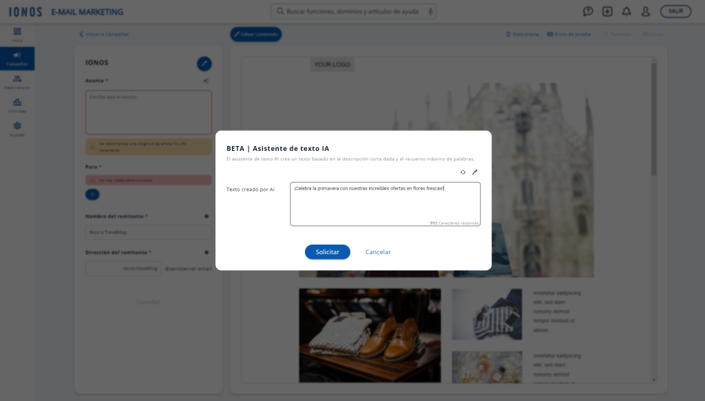 Asistente de Texto IA de IONOS Email Marketing Tool