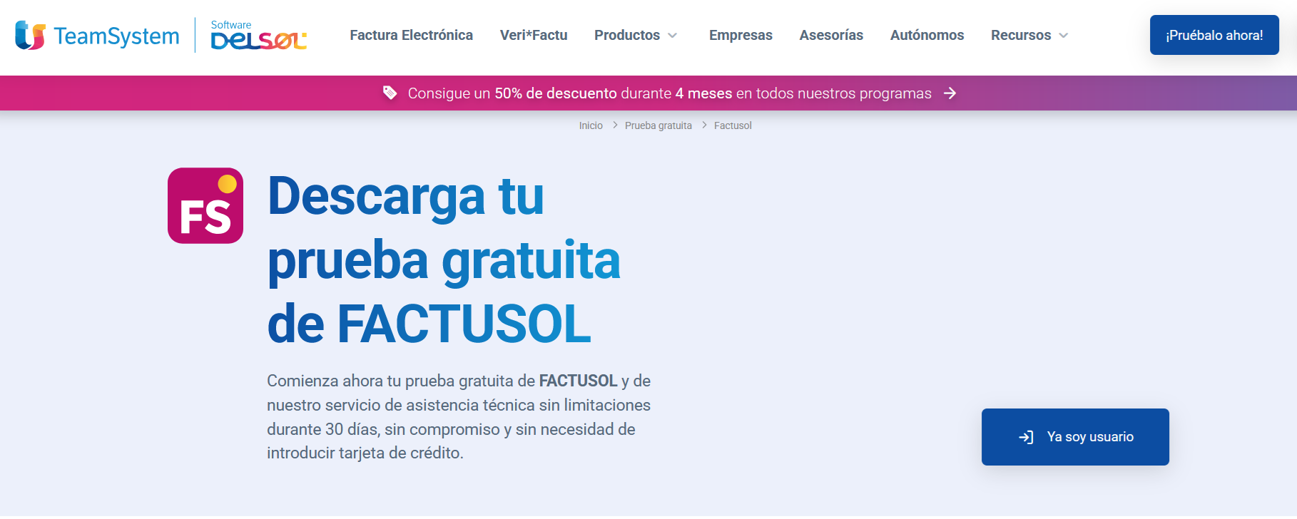 Página web del software FACTUSOL Imagen: Página web del software FACTUSOL