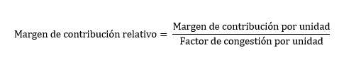 Fórmula del margen de contribución relativo = Margen de contribución por unidad / factor de congestión por unidad
