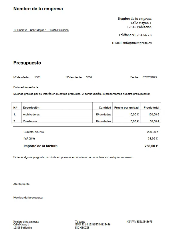 Imagen: Ejemplo de plantilla para presupuestos