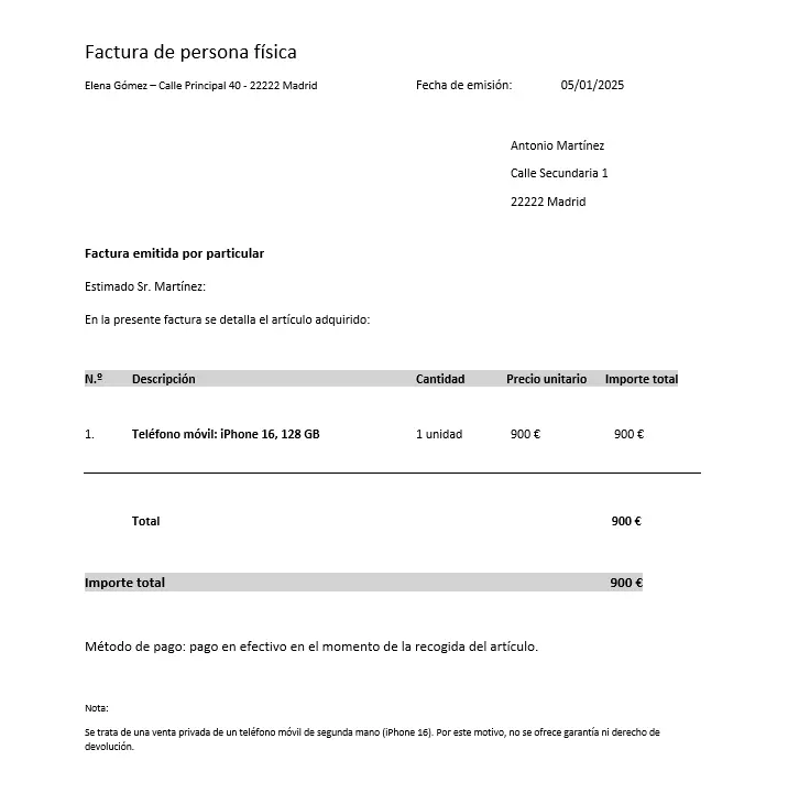 Plantilla de factura de una persona física Imagen: Plantilla de factura de una persona física